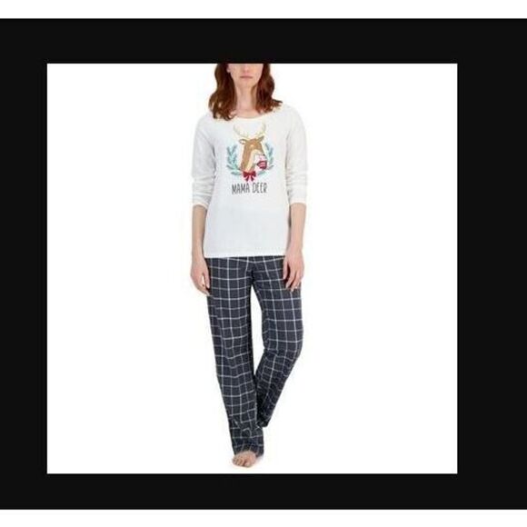 Family Pajamas Women's Sz Medium White/Gray Plaid Mama Deer Mix It 2-Piece Set - Picture 10 of 10